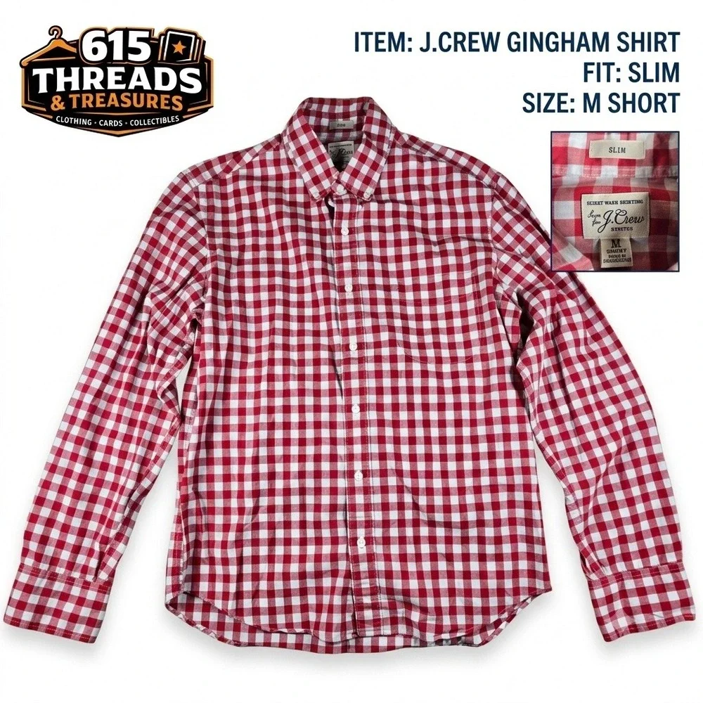 JCrew Mens Secret Wash Stretch Shirt Medium Short Slim Red White Gingham Check